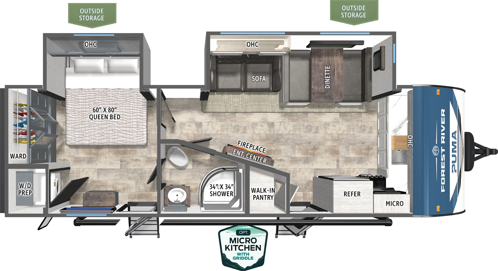The Puma 26FKDS floorplan has two entries and two slide outs. Exterior features include: metal exterior, 20' awning and outside kitchen. Interiors features include: front kitchen and rear bedroom.